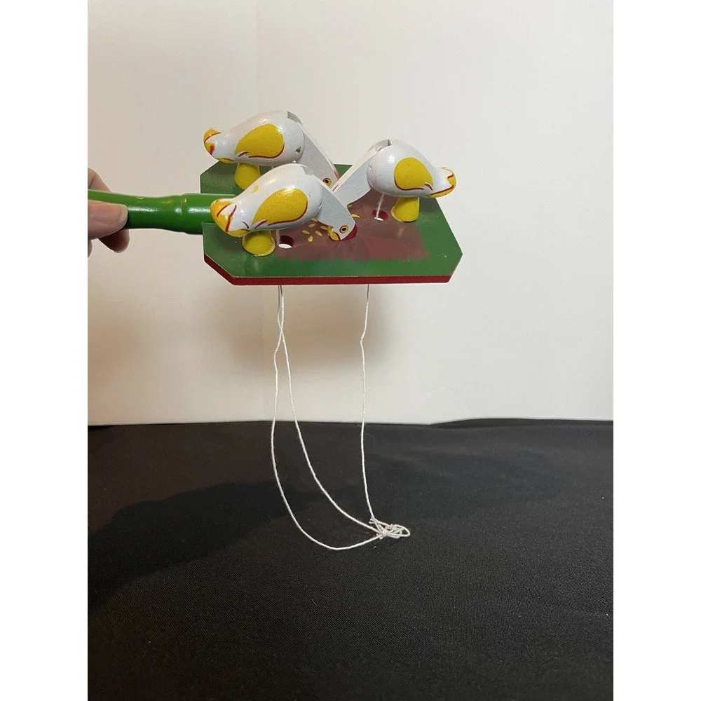 Pecking Hen Toy Vintage Wood Green White Chicken